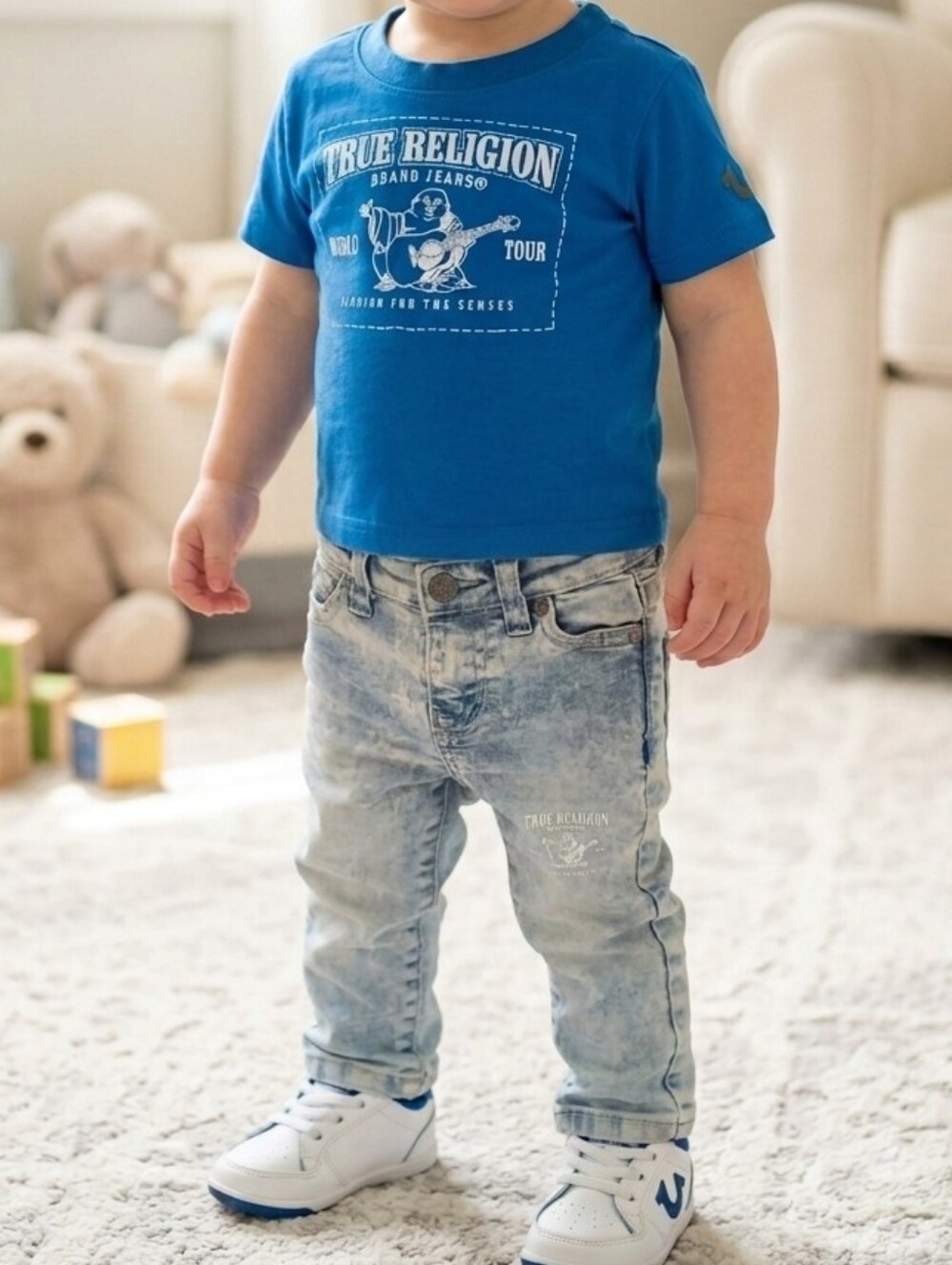 True Religion Toddler Boy 2pc Set Blue World Tour Tee & Distressed Jeans 18M